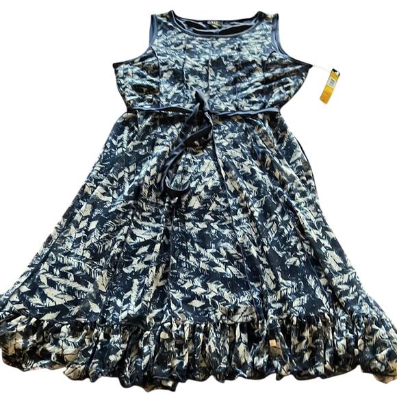 ILE Size 12 Navy & Beige Print Stretch Knit Dress with Tie Belt NWT Sleeveless - Picture 4 of 10